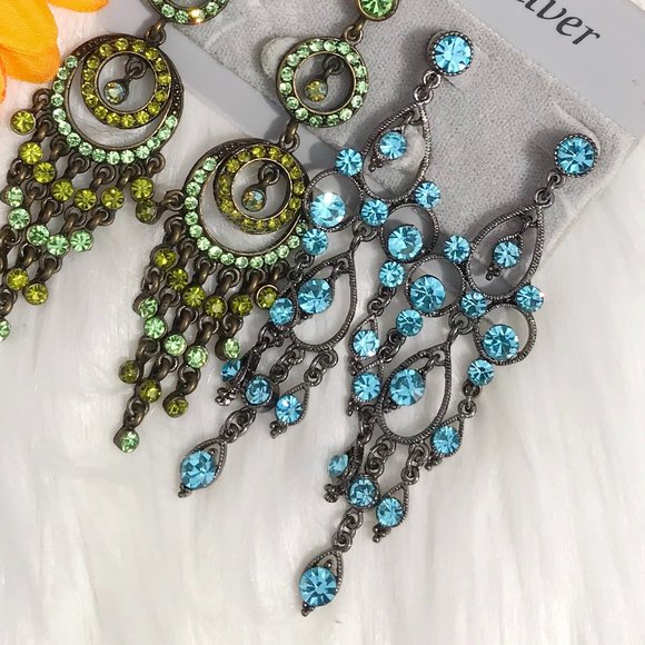 Boho Earrings Rhinestone Long Dressy Post Drop Dangles Jeweled Green & Blue NWT - Picture 3 of 5